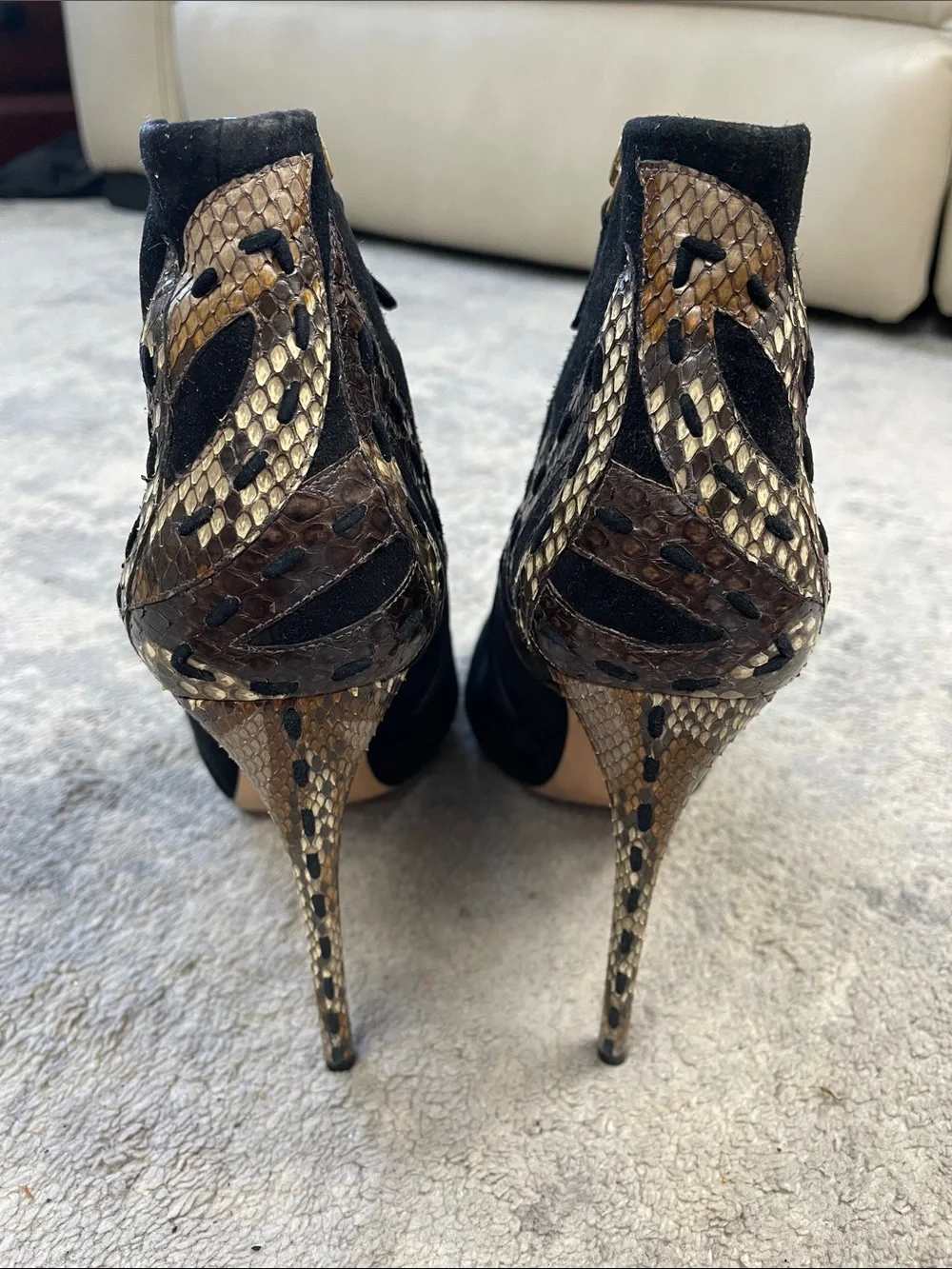 Alexandre Birman Black Suede Snakeskin Flame Heel Ankle Boots Heels Sz 39.5